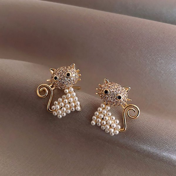 New Trendy Moon Dangle Earrings For Women Temperament Pearl Cherry Cat Rhinestone Pendant Earring Girl Party Jewelry Gift - Allofbeauty