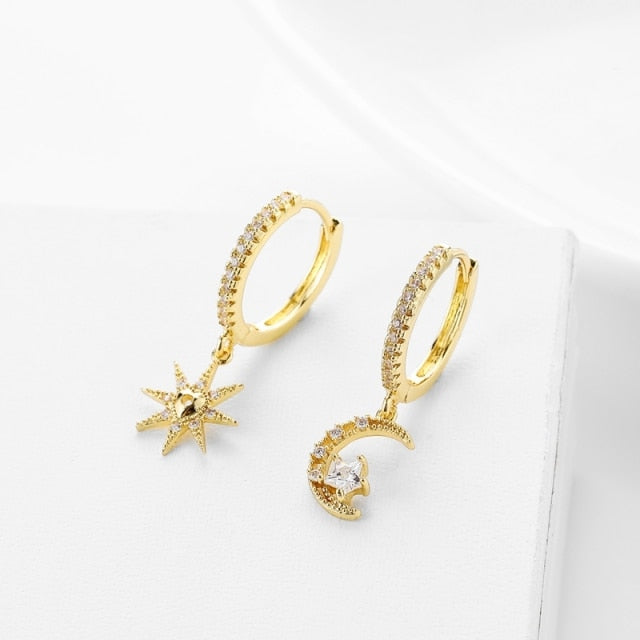 SIPENGJEL Fashion Inlaid Zircon Dainty Star And Moon Hoop Earrings Simple pendant earrings For Women Jewelry 2021 серги женские - Allofbeauty